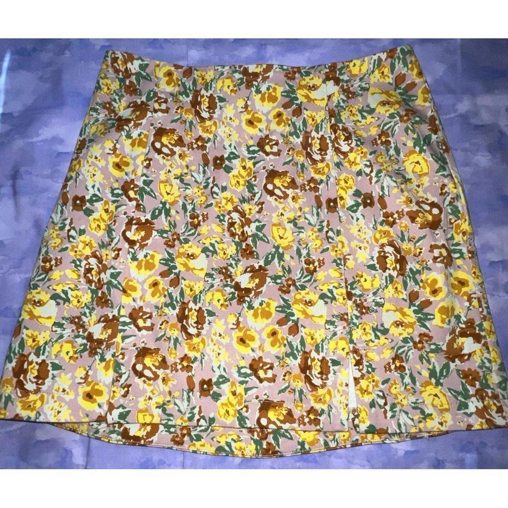 ASTR The Label Floral Mini Skirt Yellow Brown Mauve High Waisted Slit Size M